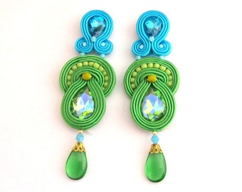 Long Blue Clip On Earrings, Soutache Earrings, Drop Earrings, Blue Earrings, Green Earrings, Dangle Earrings, Clip On Earrings