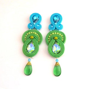 Long Blue Clip On Earrings, Soutache Earrings, Drop Earrings, Blue Earrings, Green Earrings, Dangle Earrings, Clip On Earrings