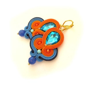 Blue Dangle Earrings, Soutache Earrings with Crystals, Unique Handmade Earrings, Dangle Earrings, Handmade Earrings, Orange and Blue