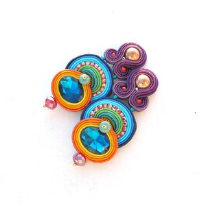 80s style earrings for woman, statement colorful soutache earrings, clip-on earrings for non pierced ears image 4