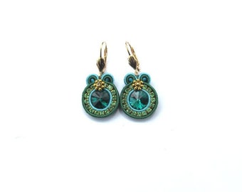 Emerald Green Earrings , Handmade Soutache Earrings , Round Dangle Green and Gold Earrings