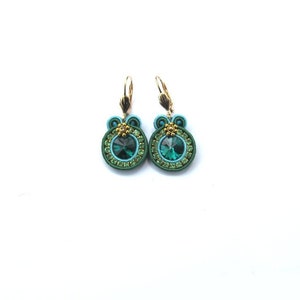 Emerald Green Earrings , Handmade Soutache Earrings , Round Dangle Green and Gold Earrings