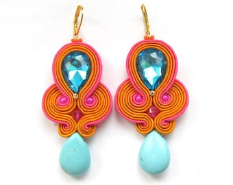 Dangle Earrings Colorful Drop Earrings Festive Earrings Turquoise Earrings Soutache Earrings Handmade Earrings with Crystals