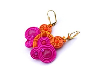 Fuchsia pink baumeln Tropfen Ohrringe soutache Ohrringe saftig orange Ohrringe