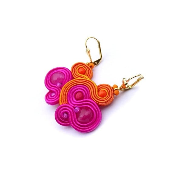 Fuchsia rosa Ohrhänger, Soutache-Ohrringe, saftige orangefarbene Ohrringe