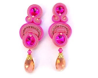 Pink Clip-on Earrings, Fuchsia pink long drop earrings, soutache earrings with crystals, soutache earclips, long clip earrings