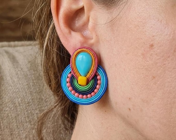 colorful boho clip-on earrings, soutache jewelry