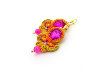 Hot pink dangle earrings, colorful soutache earrings, bollywood style earrings with rhinsestones
