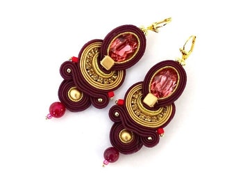 Burgundy india earrings, Soutache earrings with crystals, long oriental dangle earrings