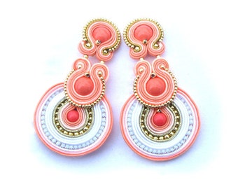 Coral Bridal Earrings, Clip-on earrings, gold soutache earrings with crystals