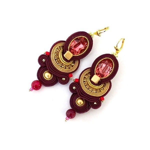 Burgundy india earrings, Soutache earrings with crystals, long oriental dangle earrings