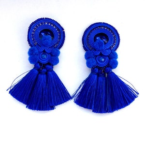 Cobalt Tassel Earrings, Blue Clip-On Earrings, Soutache Earrings, PomPom Earrings, Tassel Earrings, Cobalt Blue Earrings with Crystals
