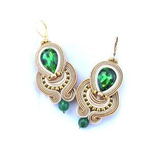 Green Dangle Earrings , Beige Gold Soutache earrings with Jade and crystals