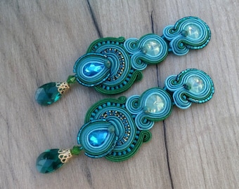 Teal Emerald Earrings, Green Long Clip On Earrings, Handmade Soutache Earrings, Teal Drop Earrings, Emerald earrings