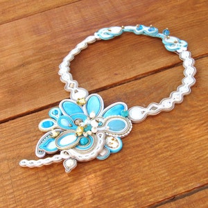 Turquoise Bridal Necklace, Handmade Soutache Necklace Choker, Beige Gold and Turquoise, Bridal Jewelry, Soutache Jewelry image 3