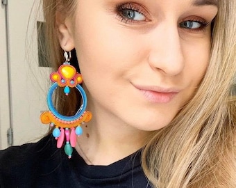 Big Hoop Earrings, Colorful dangle drop earrings, statement soutache earrings