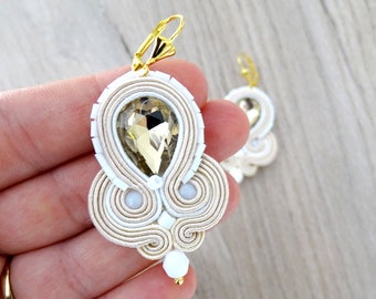 Crystal bridal earrings, dangle white beige soutache earrings, bride or bridesmaids jewelry