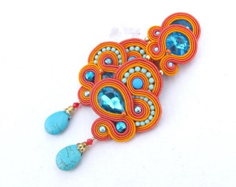 long clip on earrings, statement earrings, soutache earrings, orange teardrop earrings, big earrings for sensitive ears