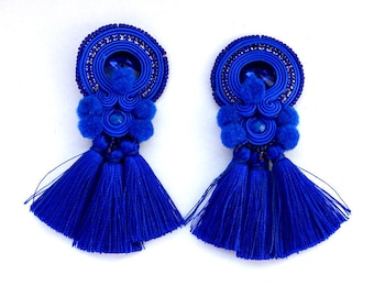 Cobalt Tassel Earrings, Blue Clip-On Earrings, Soutache Earrings, PomPom Earrings, Tassel Earrings, Cobalt Blue Earrings with Crystals