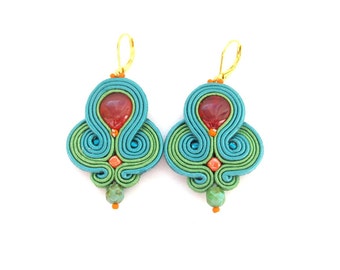 Teal Dangle Earrings, Handmade Soutache Earrings, Unique Earrings with Agate, Teal Earrings, Dangle Earrings, Soutache Earrings