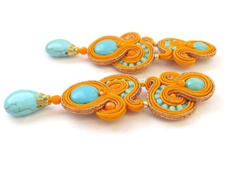 orange soutache earrings, statement clip-on earrings, long earrings with turquoise