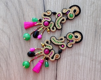 big gold earrings, clip-on earrings with tassels , soutache earrings