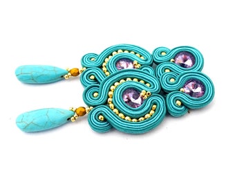 Teal blue Clip-on Earrings, Long Turquoise Soutache Earrings with purple crystals