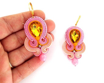 Pink dangle earrings, soutache earrings, orange cristal earrings