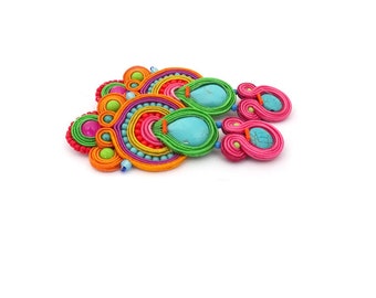 Colorful boho earrings, long clip-on earrings, statement soutache earrings