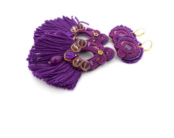 Purple tassel earrings, big soutache earrings, boho statement earrings, long drop shape earrings witrh fringe, mexican earrings colorful