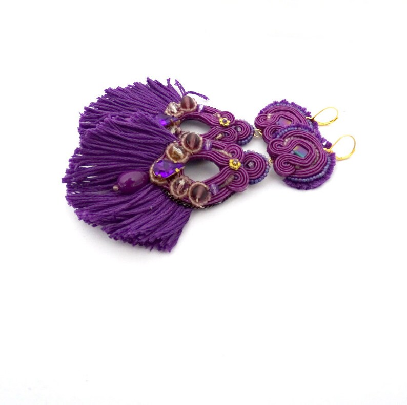 big soutache earrings long drop shape earrings witrh fringe mexican earrings colorful Purple tassel earrings boho statement earrings