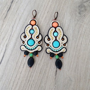 long dangle drop soutache earrings, boho drop earrings with turquoise image 6