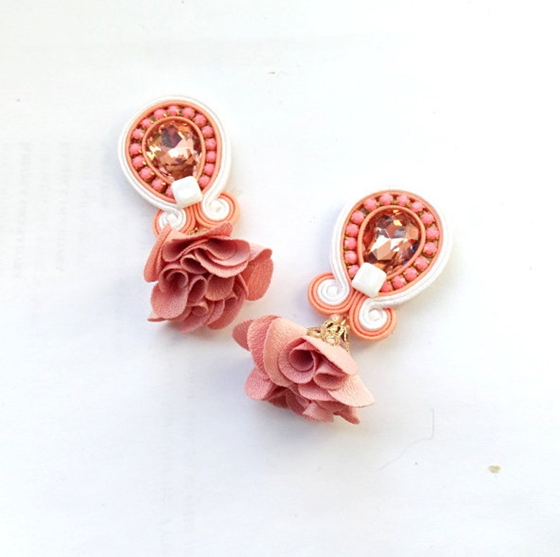 Crystal Bridal Earrings with Flower Tassels, Peach Pink and white Soutache Earrings clip-on image 7