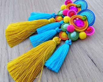 very long tassel earrings, colorful statement earrings, soutache clip-on earrings, big long earrings