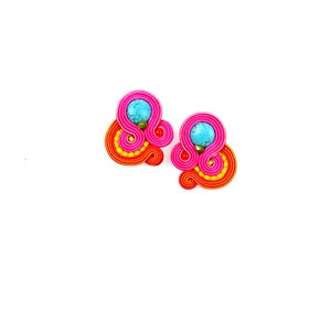 Colorful clip-on earrings, bright soutache earrings, turquoise earrings for sensitive ears