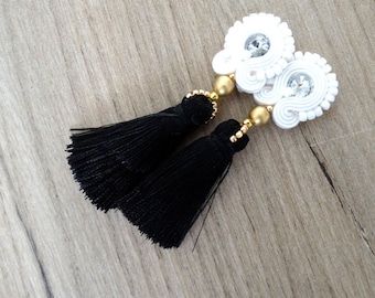 Black White Soutache Clip-On Earrings, Handmade Tassel No Piercing Earrings
