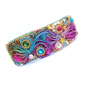Shibori Bracelet, Cuff Bracelet, Colorful Handmade Jewelry, Hand Embroidery Cuff, Shibori Silk Bracelet with Crystals, Bead Embroidery image 3