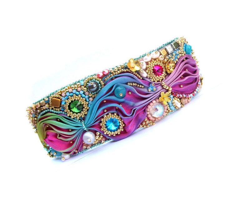 Shibori Bracelet, Cuff Bracelet, Colorful Handmade Jewelry, Hand Embroidery Cuff, Shibori Silk Bracelet with Crystals, Bead Embroidery image 3