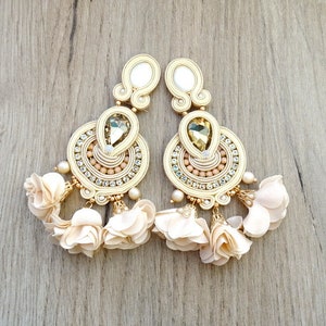 Boho wedding earrings, bridal soutache jewelry, flower earrings for bride or bridesmaids, creamy clip-on earrings