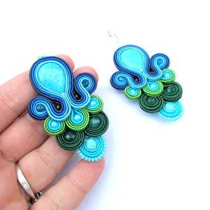 Teal Green Soutache Earrings: Handmade Turquoise Beaded Dangles