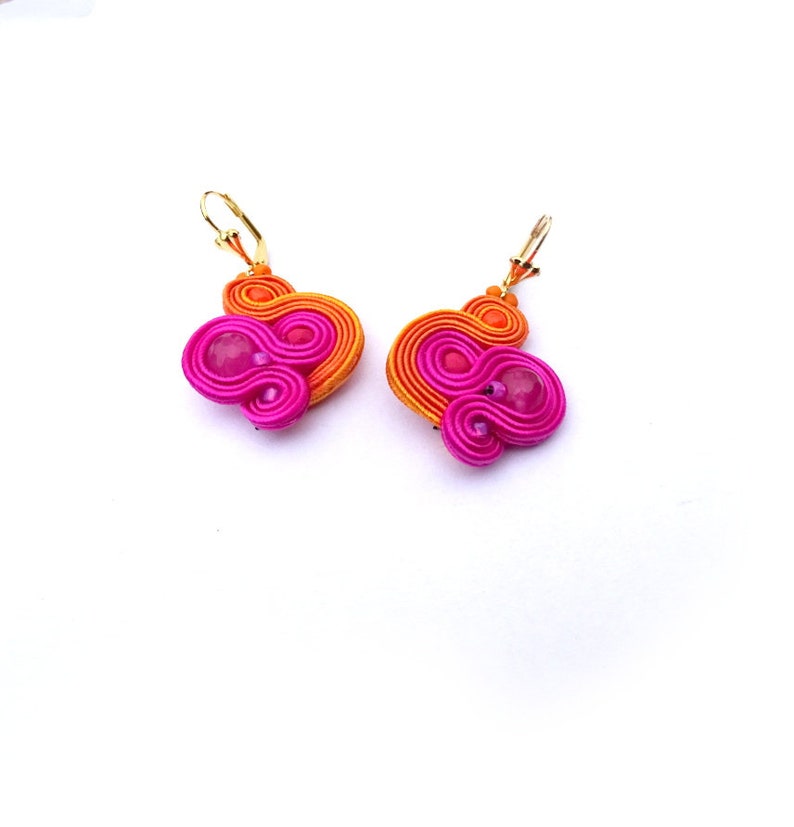 Fuchsia pink dangle drop earrings soutache earrings juicy orange earrings image 4