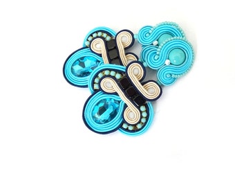 blue clip on earrings, soutache earrings, rhinestone earrings, statement earrings, soutache jewelry with crystals, turquoise earrings