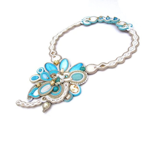 Turquoise Bridal Necklace, Handmade Soutache Necklace Choker, Beige Gold and Turquoise, Bridal Jewelry, Soutache Jewelry