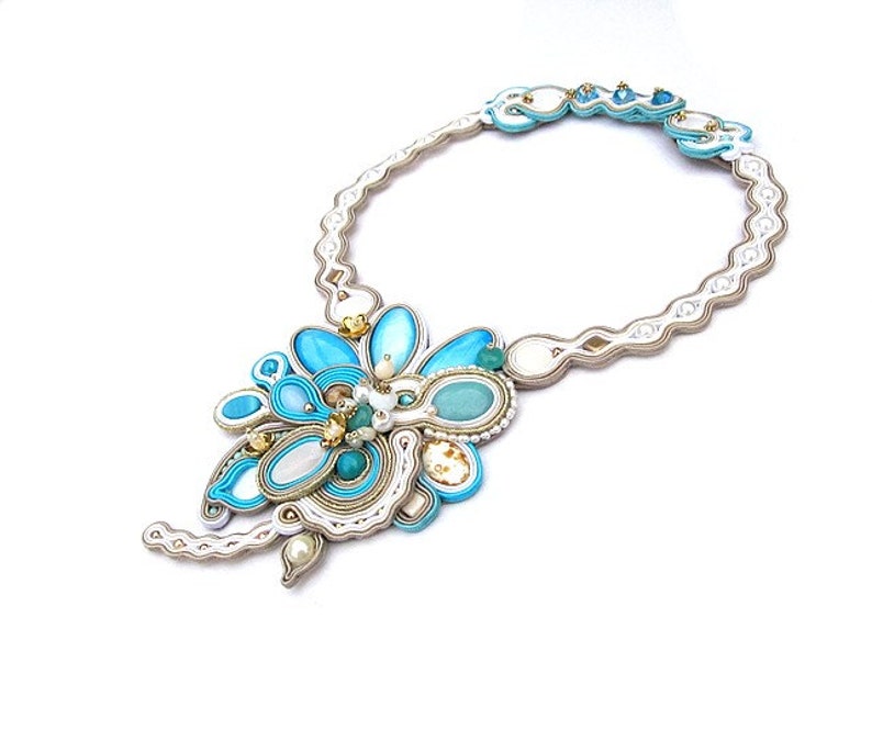 Turquoise Bridal Necklace, Handmade Soutache Necklace Choker, Beige Gold and Turquoise, Bridal Jewelry, Soutache Jewelry image 1
