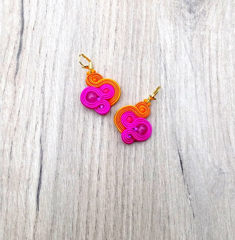 Fuchsia pink dangle drop earrings soutache earrings juicy orange earrings image 3