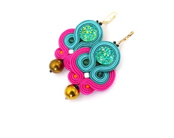 teal blue dangle earrings, soutache earrings with drusy, hot pink unique earrings