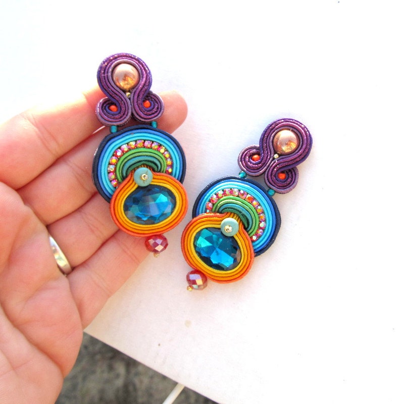 80s style earrings for woman, statement colorful soutache earrings, clip-on earrings for non pierced ears image 8