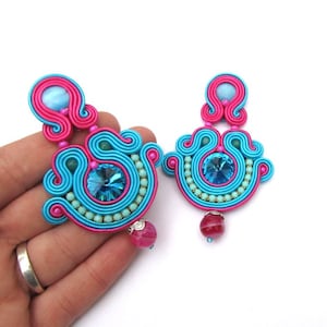 Oriental turquoise earrings, soutache clip-on earrings, blue and pink earrings with crystals, handmade earrings image 1