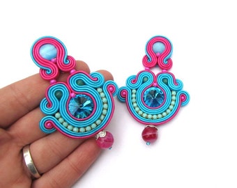 Oriental turquoise earrings, soutache clip-on earrings, blue and pink earrings with crystals, handmade earrings