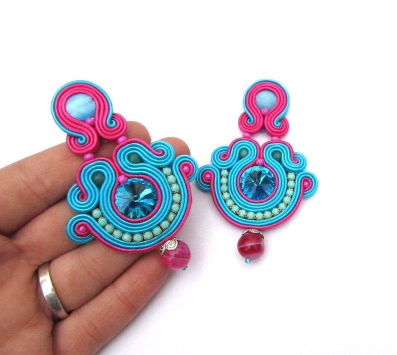 Oriental turquoise earrings, soutache clip-on earrings, blue and pink earrings with crystals, handmade earrings image 1